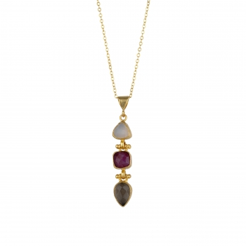 Necklace made from brass, goldplated, Chalcedony, Ruby, Smoky Quartz